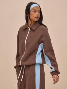MUSERA Chaqueta de chándal con cremallera, cuello y paneles de contraste en talla grande, solo para primavera