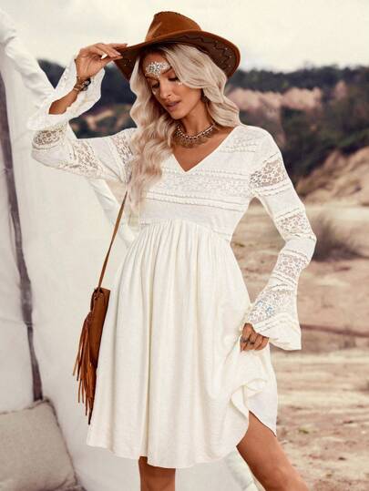 LanaWest 2025 New Hollow Out Bohemian Elegant Lace Patchwork Vintage Country Music Festival Holiday Flare Sleeve Slim Fit Dress Fall Cloth For Women