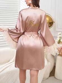 Elegant Gold Embroidered Feather Design Women's Kimono Robe - Coral Pink - View 2