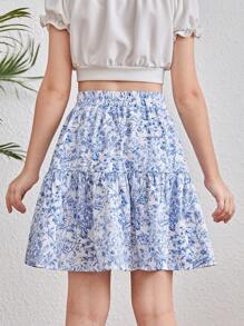 SHEIN Leap Crew Tween Girl Blue & White Chinoiserie Print Patchwork Ruffle Trim Holiday Skirt - Blue - View 2
