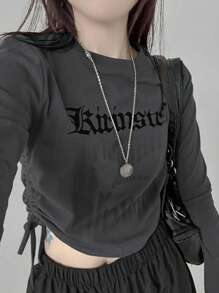 DAZY 女式字母印花街头风格抽绳 T 恤，春夏秋季服装长袖女式上衣短款女式上衣 - 灰色 - 查看 6