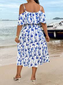 SHEIN Clasi Plus Size Women Off Shoulder Big Floral Cinched Waist Dress - Blue and White - View 2