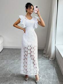 Elenzga Elegant White V-Neck Ruffle & Flower Lace Hollow Long Dress For Women - White - View 4