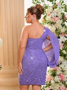 SHEIN Belle Plus Size Elegant Romantic Light Purple Asymmetrical Neck Long Sleeve Flounce Chiffon Sequin Splicing Bodycon Party Dress, Wedding Guest Dress, For Cocktail