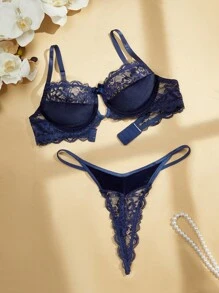 Charlaine ملابس داخلية نسائية مجموعة سلكية منقوشة بالدانتيل الساخن - الأزرق - مشاهدة 3