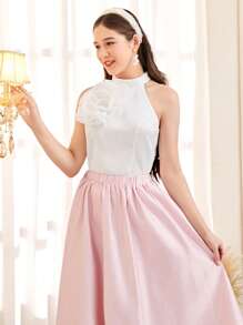 SHEIN Teen Girls Elegant Organza 3D Floral Stand Collar Sleeveless White Zipper Blouse For Teen Girls - White - View 4