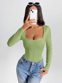 SHEIN PETITE Casual effen vierkante hals slim fit bodysuit