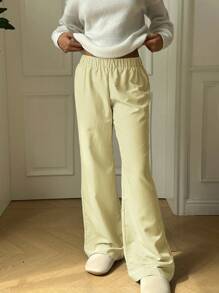 Aloruh 女士休闲度假蓝色条纹低腰弹性下摆长裤 - 黃色 - 查看 3