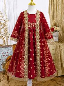 SHEIN 年轻女孩翡翠绿色束腰外衣 Abaya Kaftan Jalabiya 优雅金箔图腾复古印花长袍配金色饰边腰带和金色复古印花长袍套装、派对、旅行、时尚 - 酒紅色 - 查看 6
