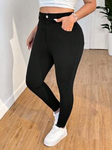 SHEIN PETITE CURVE 加大码纯色高腰裤，适合日常穿着