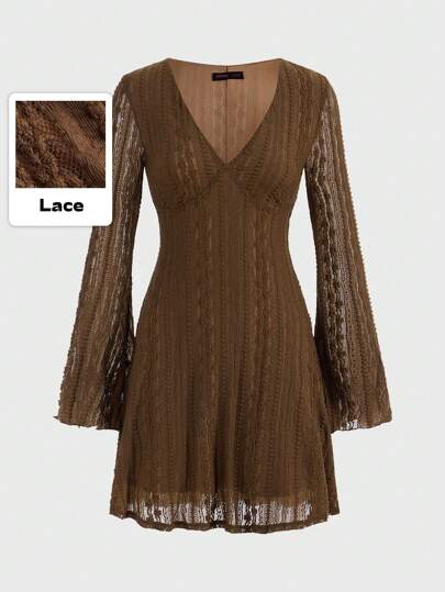 Solid Flounce Sleeve Lace Dress Without Belt, School