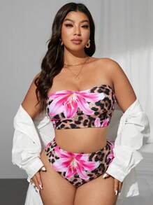 Slaydiva Plus Size Leopard Print & Tropical Floral Random Design Swimwear Set For Summer Beach Vacation - Multicolor - View 6