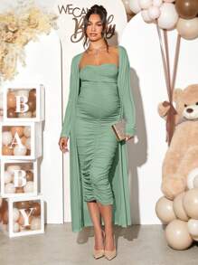 Loomaby Bộ đồ bầu 2 món - Áo len cardigan và váy màu trơn, đơn giản và thời trang - màu xanh lá - Xem 3