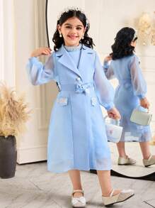 SHEIN 2pcs/Set Young Girl Elegant Lapel Collar Long Sleeve Belted Jacket & Sleeveless Dress Set - Blue - View 1