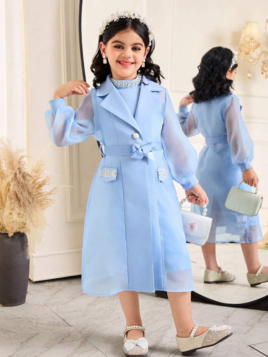 SHEIN 2pcs/Set Young Girl Elegant Lapel Collar Long Sleeve Belted Jacket & Sleeveless Dress Set - Blue - View 1