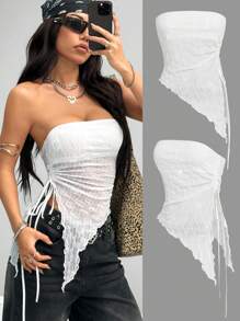 SHEIN EZwear Women's Spring/Summer Daily Wear Date Night Textured Pleated Ruched Asymmetric Hem Tube Top - White - View 3