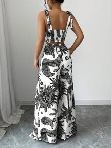 Selianne Bohemian Blue & White Print Suspender Tied Crop Top And Straight Leg Pants 2 Pieces Set, Holiday Vibe - Black - View 2