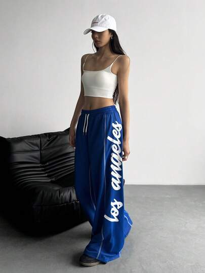 StreetHx 女式字母印花撞色抽绳运动裤，春夏季，女装两件套