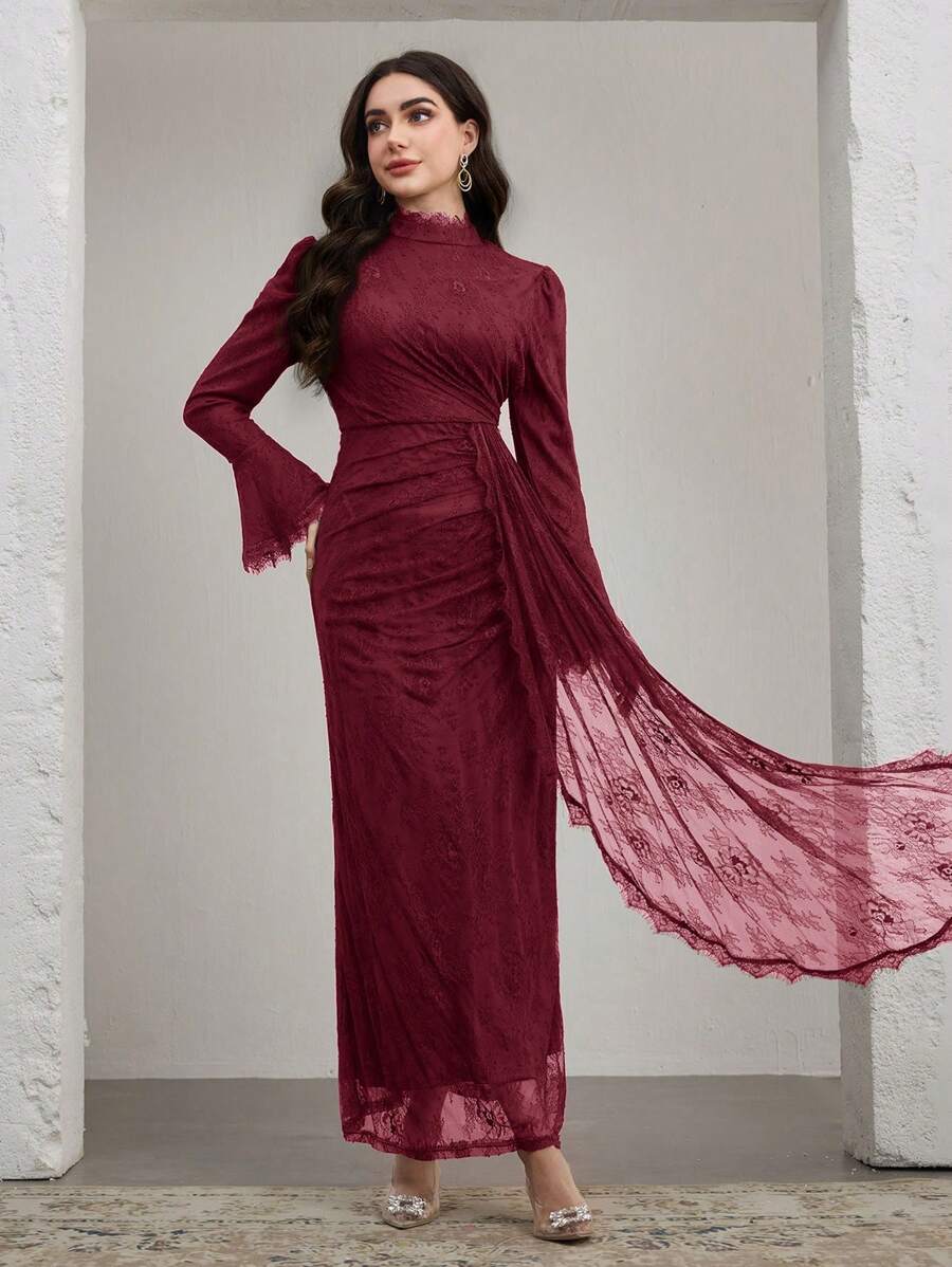 Graceveil Women's Elegant Conservative Luxurious Arabic Style Woven Lace Bell Sleeve Dress - Burgundy - View 1