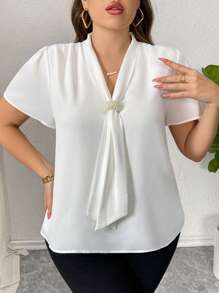 Firerie Blus Elegan Lengan Mengembang Warna Polos untuk Wanita Ukuran Plus dengan Kerah Ikat - Putih - View 12