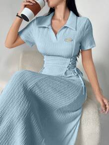 Mulvari Vrouwen Letter Print Turnup Mouw Zij Taille Strik Midi Casual Jurk Maxi Vrouwen Outfit Lange Avondjurken