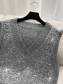EMERY ROSE Plus Size Sequin V-Neck Sweter Bez Rękawów Kamizelka, Swobodny Codzienny Ubiór, Jesień/Zima
