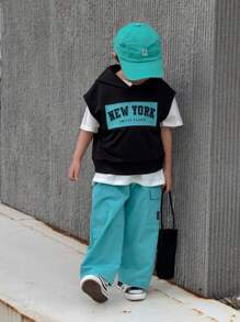 SHEIN 2pcs/Set Young Boy Casual Korean Style Letter Print Raglan Hoodie And Wide Leg Sweatpants Set, Suitable For School, Garden, Beach, Birthday, Spring/Summer/Autumn/Winter - Blue - View 5