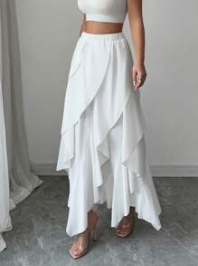 Elenzga Elegant Resort Solid Color Ruched Layered Elastic Waist Women Skirt Fall Cloth For Women - White - View 4