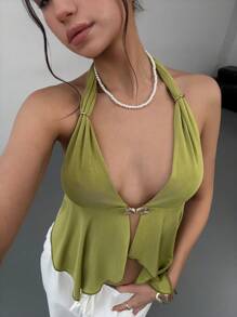 Aloruh 牛油果绿色性感露背金属扣深 V 不对称下摆修身吊带背心，适合夏季度假 - 橄欖綠 - 查看 1