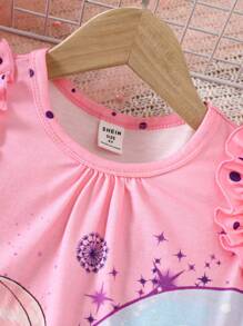 SHEIN Leap Crew Young Girl Cute Cartoon Fairy Floral Pattern Round Neck Ruffle Sleeve Loose Knit Comfortable Flame Retardant Nightgown - Baby Pink - View 3