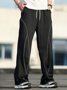 Manfinity Hypemode Men's Fashion Street Sports Style Line Stitching Design Drawstring Waist Pocket Straight Loose Sweatpants, Men's Loose Sweatpants, Foot Drawstring Design Can Be Used As Tapered Pants, Suitable For Daily Wear, Going Out, School, Meeting Friends. Can Be Given To Friends, Boyfriends, Sons.Men's Solid Color Sports Pants