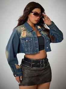 SHEIN ICON Street Fashion Washed Distressed Short Denim Jacket - Dark Wash - View 5