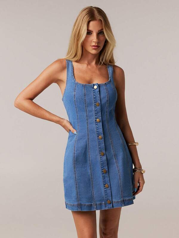 Forever 21 Summer New Style Square Neck Sleeveless Fitted Street Fashion Women Denim Mini Dress