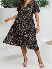 EMERY ROSE 大码女式碎花荷叶边袖度假连衣裙