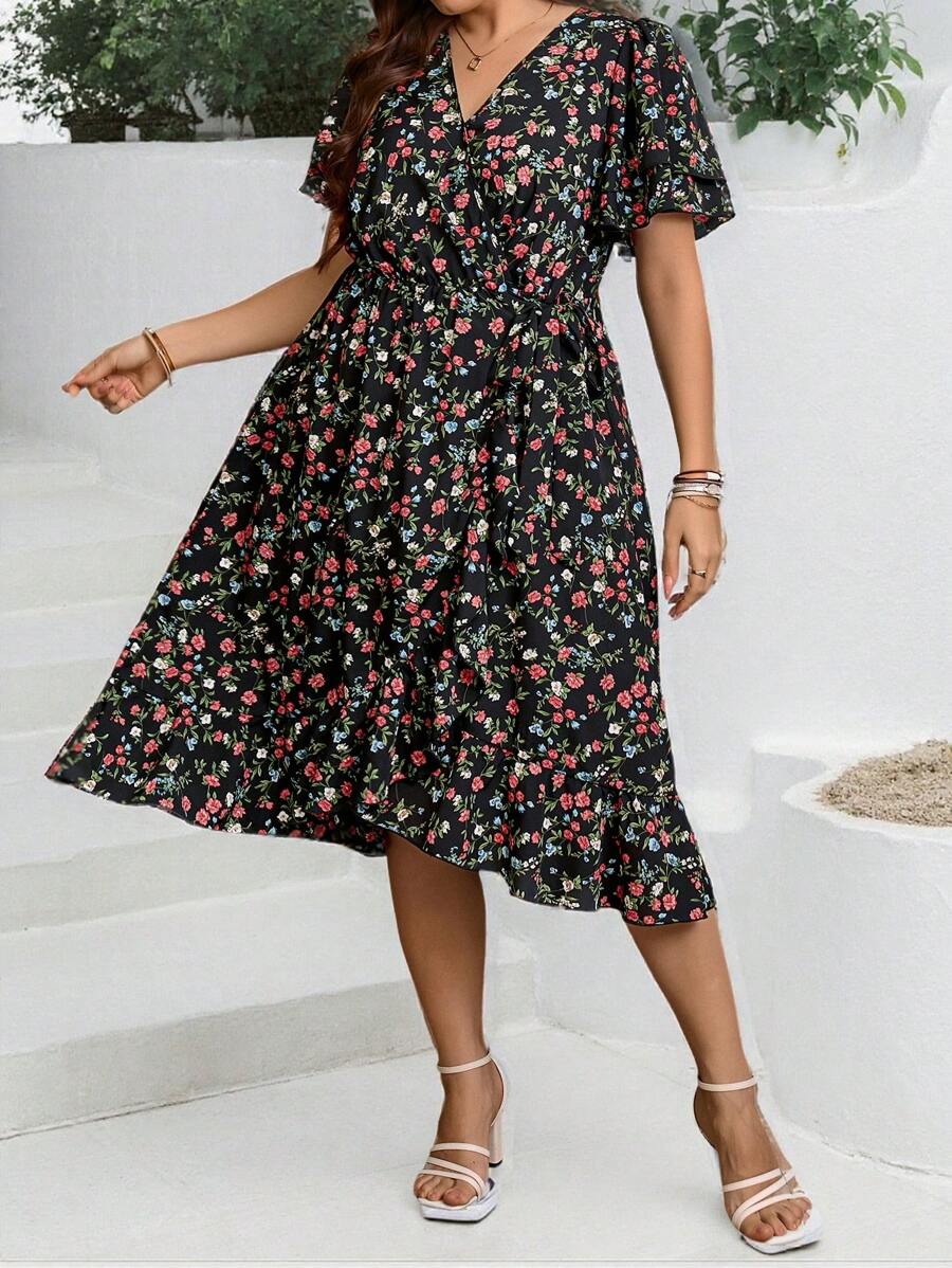 EMERY ROSE 大码女式碎花荷叶边袖度假连衣裙