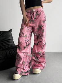 StreetHx Damen vintage Blumen Muster Oversized Arbeitshose, Streetwear, Frühling/Herbst