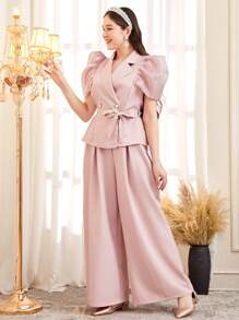 SHEIN Zweiteiler für Teenager Mädchen: elegante Bluse mit Ballonärmeln und Bindung in der Taille & weite Hose