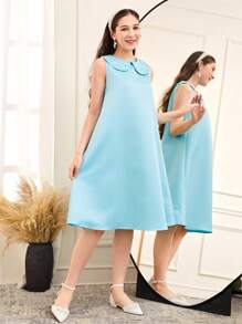 2pcs/Set Teen Girl Tiered Mesh Shawl Collar Beaded Sleeveless Satin Dress