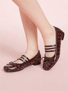 CUCCOO DOLLMOD Women's Flat Rivet Mary Jane Shoes, Cute Campus Style Low Heel - Burgundy - View 4