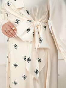 Veilorie Plus Size Elegant Print Patchwork Tie-Up Wrap Dress - Apricot - View 4