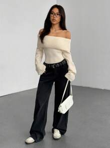 Zielony Suéter con hombros descubiertos y pliegue, tops de manga larga