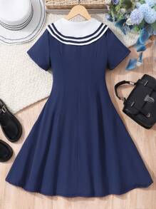 Abito blu navy stile preppy con scollo a V, fiocco e maniche corte per bambine, look carino da divisa scolastica, adatto per primavera/estate