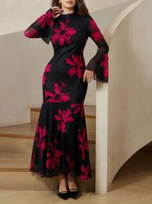 Aveloria Rosie Elegant French Style Floral Print Black Bodycon Dress With Flared Sleeves And Mesh Details Dresses For Women Elegant  All Over Print For Spring Fall - Hot Pink - View 5