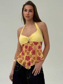 Aloruh 女式露背贝壳花雪纺拼布短款上衣 夏季海滩女士 海滩度假 度假女士 波西米亚风 热带度假女士服装 花卉海星金属装饰 音乐会女士 狂欢节 乡村音乐会 伊比沙岛 纳什维尔 西部服饰 女士西部波西米亚风 街头服饰 热带辣妹 可爱夏季上衣 褶边花卉 - 黃色 - 查看 4