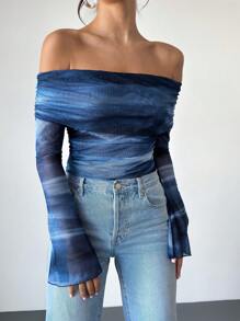 SHEIN Privé 女士新款扎染花卉露肩长袖紧身衣，休闲日常穿着图案 T 恤紧身衣，适合春秋季节，通勤/优雅/性感/度假/海滩/浪漫/约会/情人节/音乐节/表演/返校 - 彩色 - 查看 1