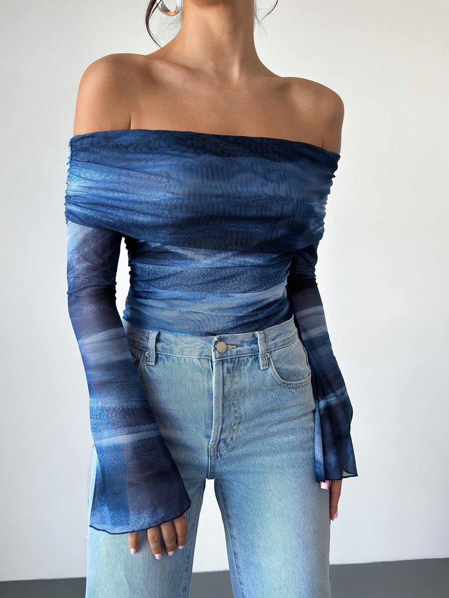 SHEIN Privé 女士新款扎染花卉露肩长袖紧身衣,休闲日常穿着图案 T 恤紧身衣,适合春秋季节,通勤/优雅/性感/度假/海滩/浪漫/约会/情人节/音乐节/表演/返校 - 彩色 - 查看 1