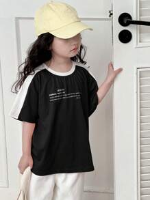 Dazy Kids 年轻女孩圆领针织字母印花拼色宽松短袖 T 恤，夏季