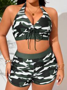 SHEIN Swim Curve Plus Size 2pcs Women Colorful Striped Splice V-Neck Halter Crop Top Paired With High Waist Shorts Sexy Beach Vacation Swimwear Set