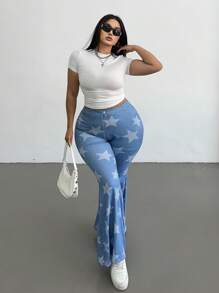 Flirla Plus Size Front Button Pocket Five-Pointed Star Print Simple Casual Pants, Everyday Wear - Multicolor - View 5