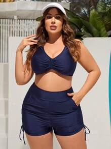 Swim SPRTY Plus Size Women Solid Color High-Waist Pocket Bikini Shorts, For Vacation For Summer - Blue - View 6